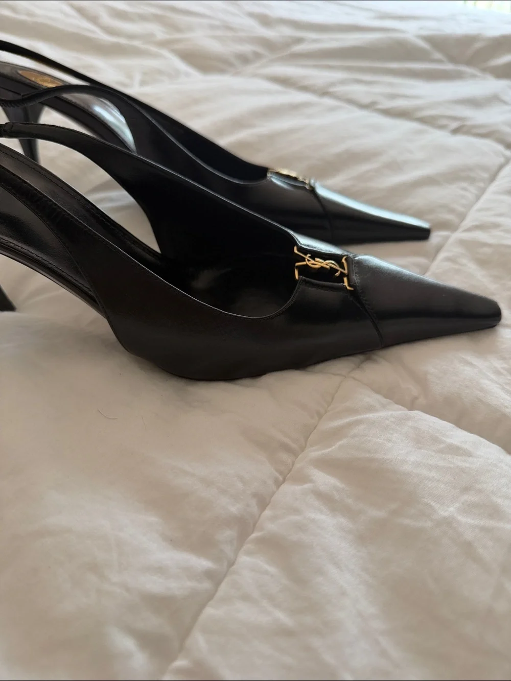 Saint Laurent Black Leather Pointed Slingback Pumps with Gold YSL Charm